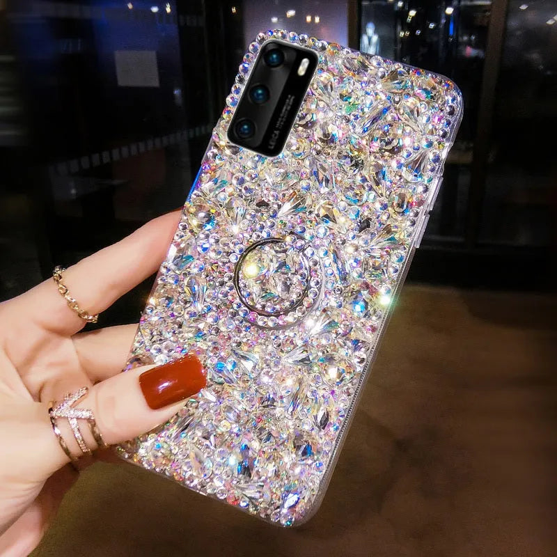 Clear diamond texture acrylic phone case with a flip-out stand bracket for Samsung Galaxy models.