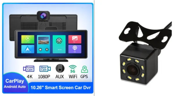 12-inch touch screen car DVR on dashboard showing split-screen view of front and rear camera footage
