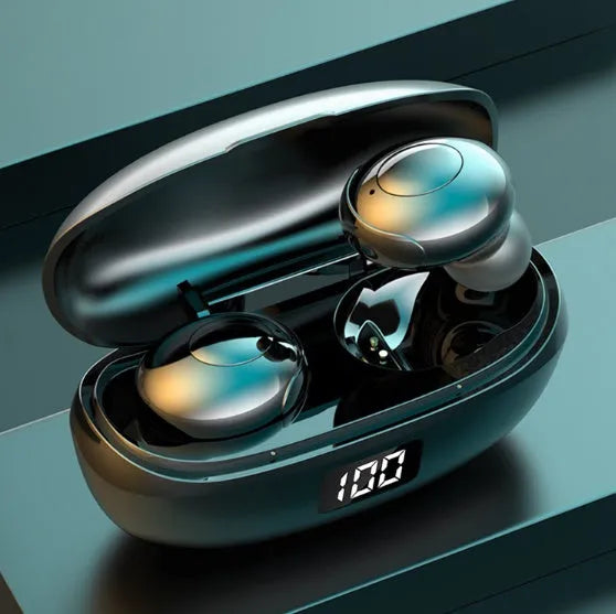 Black and white wireless Bluetooth in-ear headset with type-C charging port