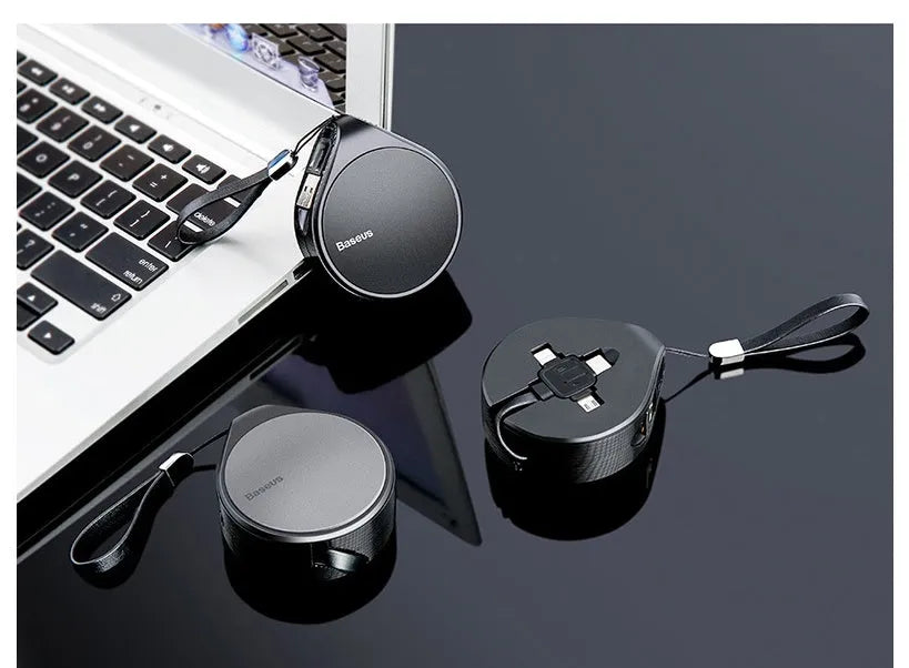 Black telescopic three-in-one fast charging cable extended to 1 metre with Lightning, USB-C, and micro-USB connectors.