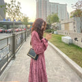 Red knitted cotton midi dress with elastic waist and 3/4 princess sleeves