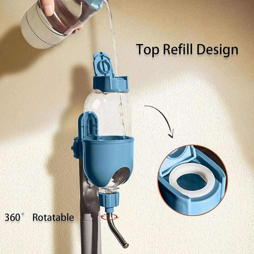 Blue small animal water bottle with rotatable nozzle attached to cage bars