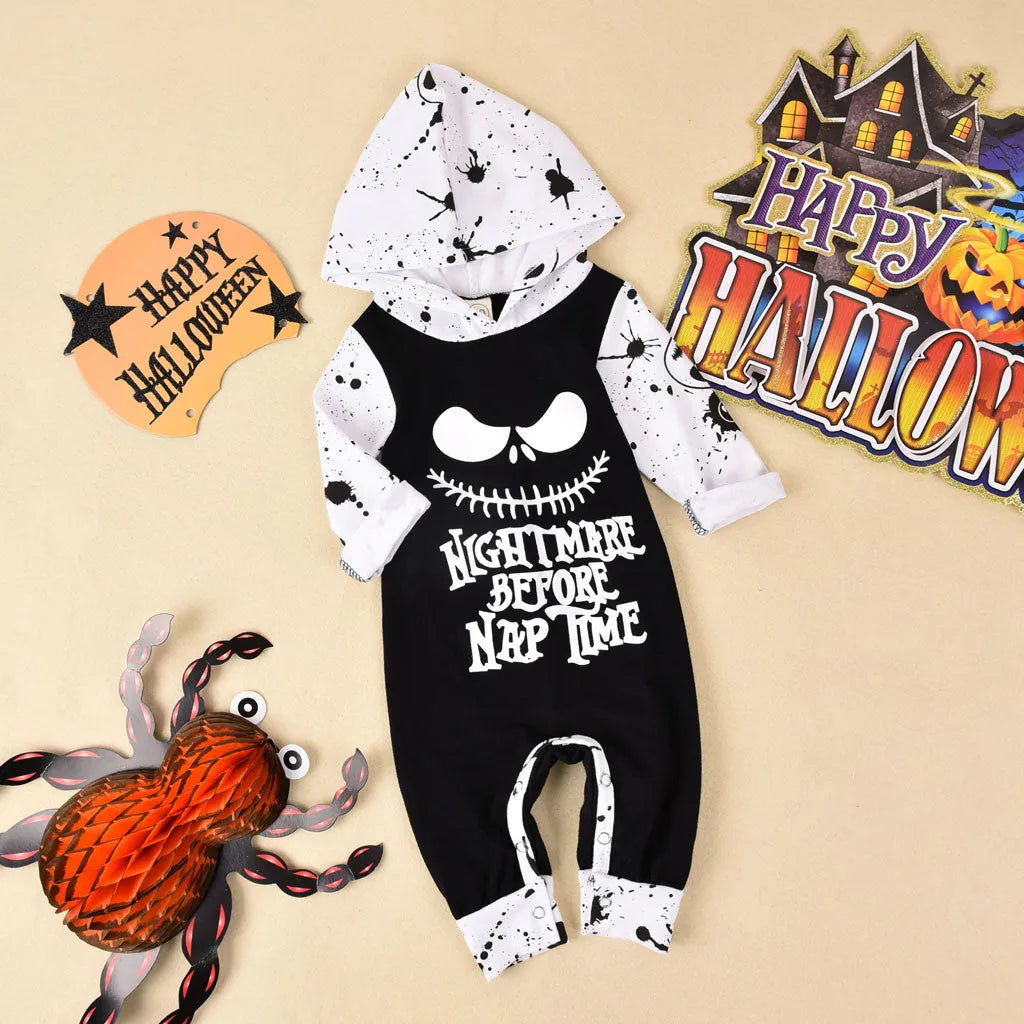 Black hooded Halloween cotton romper with long sleeves shown on a hanger.