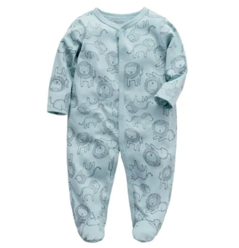 A soft cotton baby one-piece garment featuring a dinosaur print, shown on a hanger.