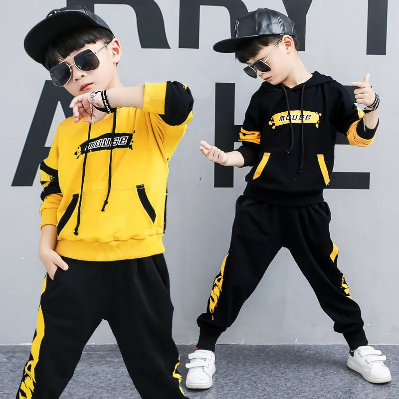 Boy's black and yellow hooded cotton sports suit two-piece set with long sleeves and trousers