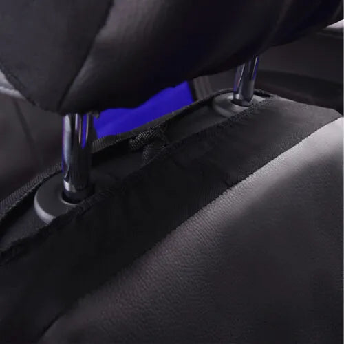 Black artificial leather car seat covers installed on front and rear seats with headrest covers.