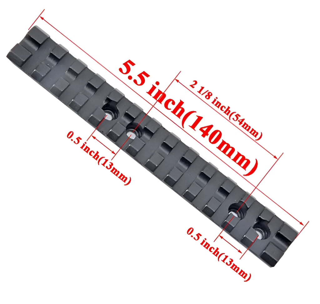 Black aluminium shotgun scope mount with 140mm rail, 13 slots, screws and Allen key for Mossberg 500