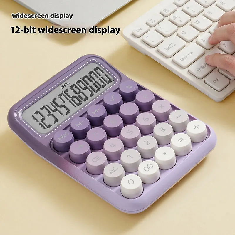Keyboard-style gradient colour calculator in mute blue, green, pink, or purple on a desk.