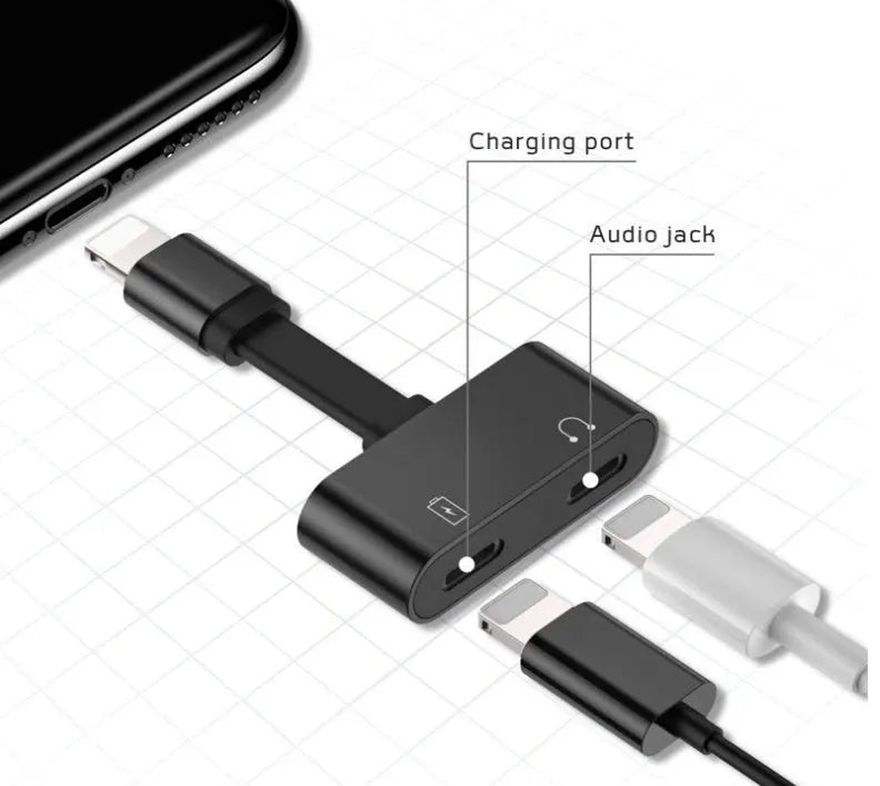 Black 2-in-1 Lightning adapter for iPhone charging and headphone use