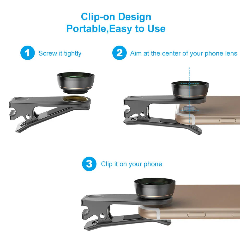 Black 6-in-1 smartphone camera lens kit with fisheye, wide-angle, macro, telephoto, CPL and star filter lenses and universal clip
