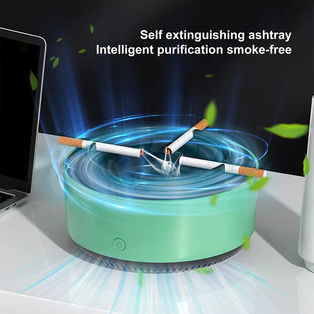 Grey electronic air purifier ashtray with cigarette butt grooves and air filtration system