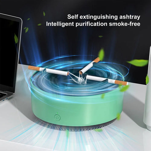 Grey electronic air purifier ashtray with cigarette butt grooves and air filtration system