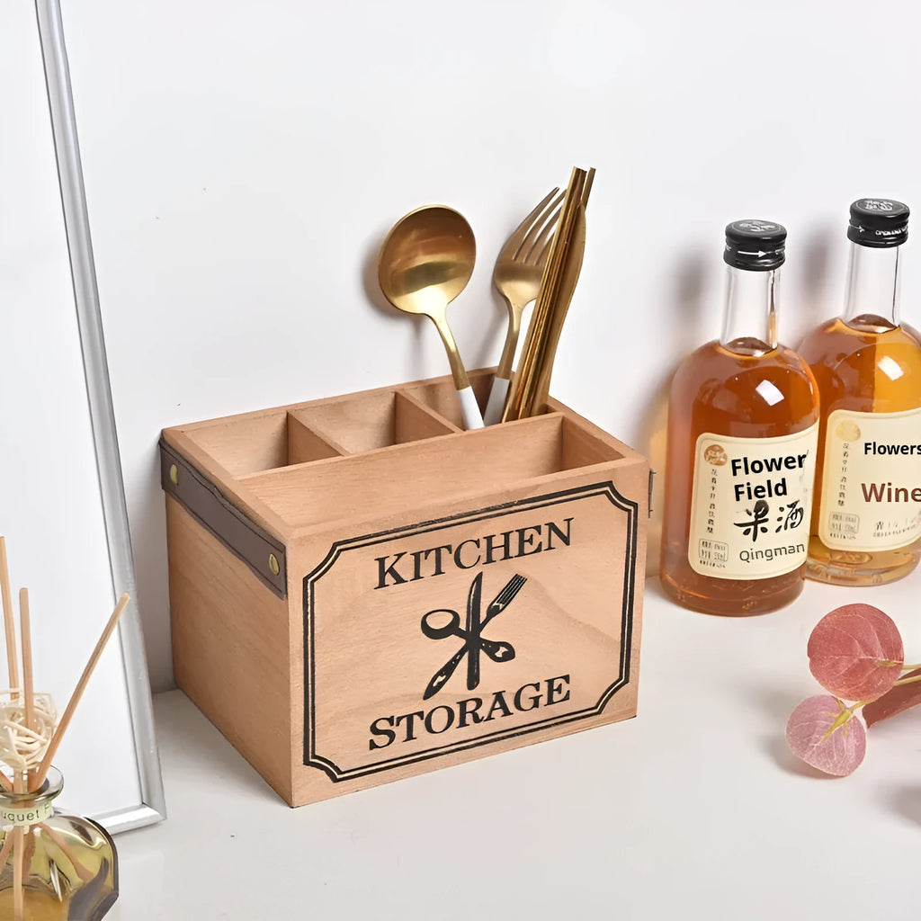 Wooden kitchen storage box with grid compartments for organising knives, forks and chopsticks