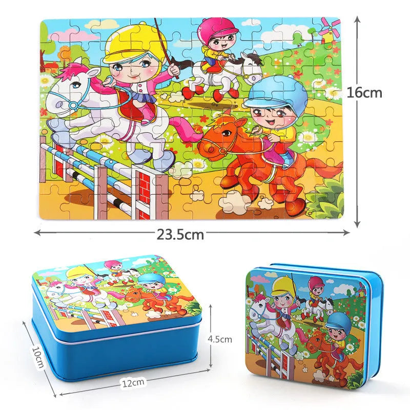 Wooden jigsaw puzzle with 80 pieces for children, featuring animal and school themes in an iron box.