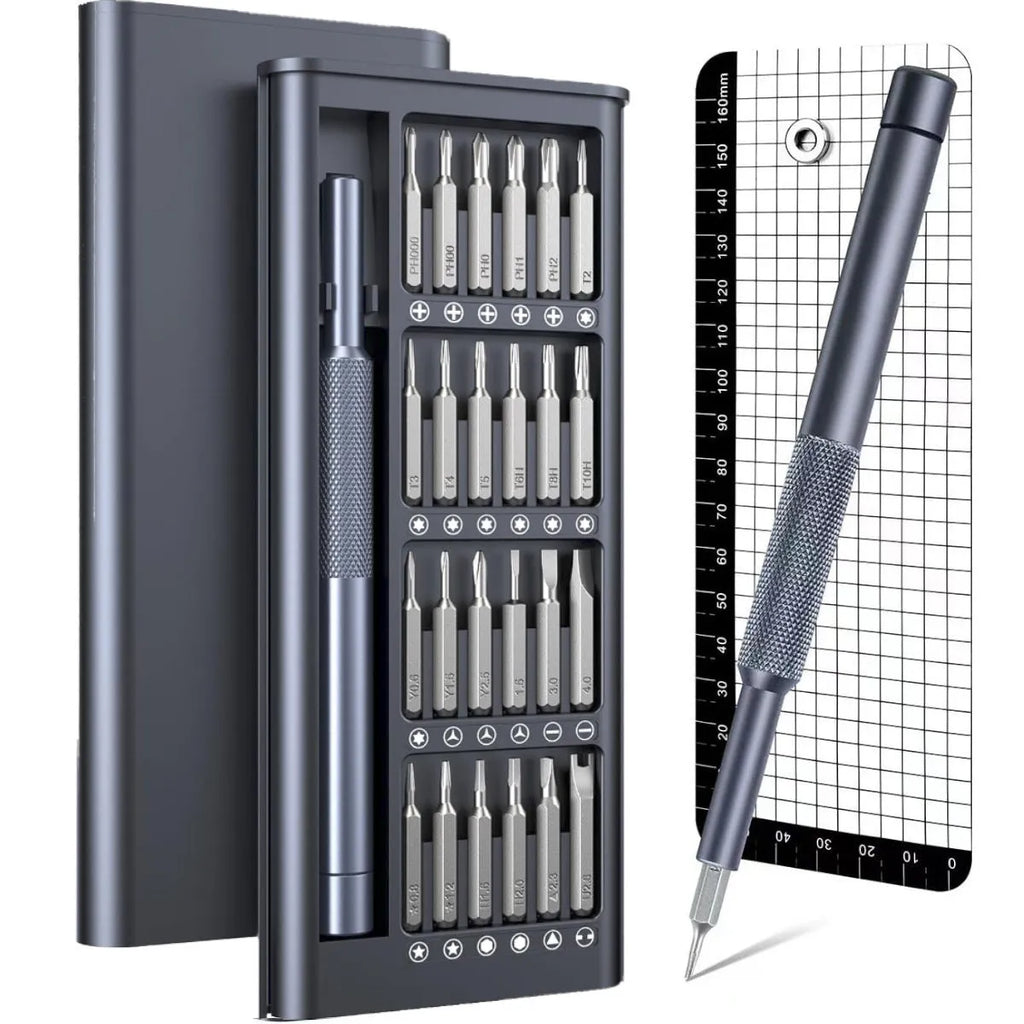 Compact 25-in-one magnetic screwdriver set with chrome vanadium steel bits and ABS handle.
