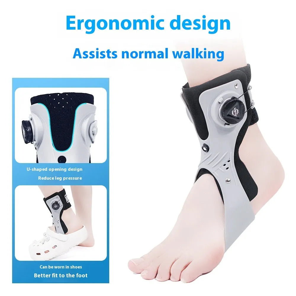 Grey ankle support brace with airbag button system showing adjustable straps and sizing options
