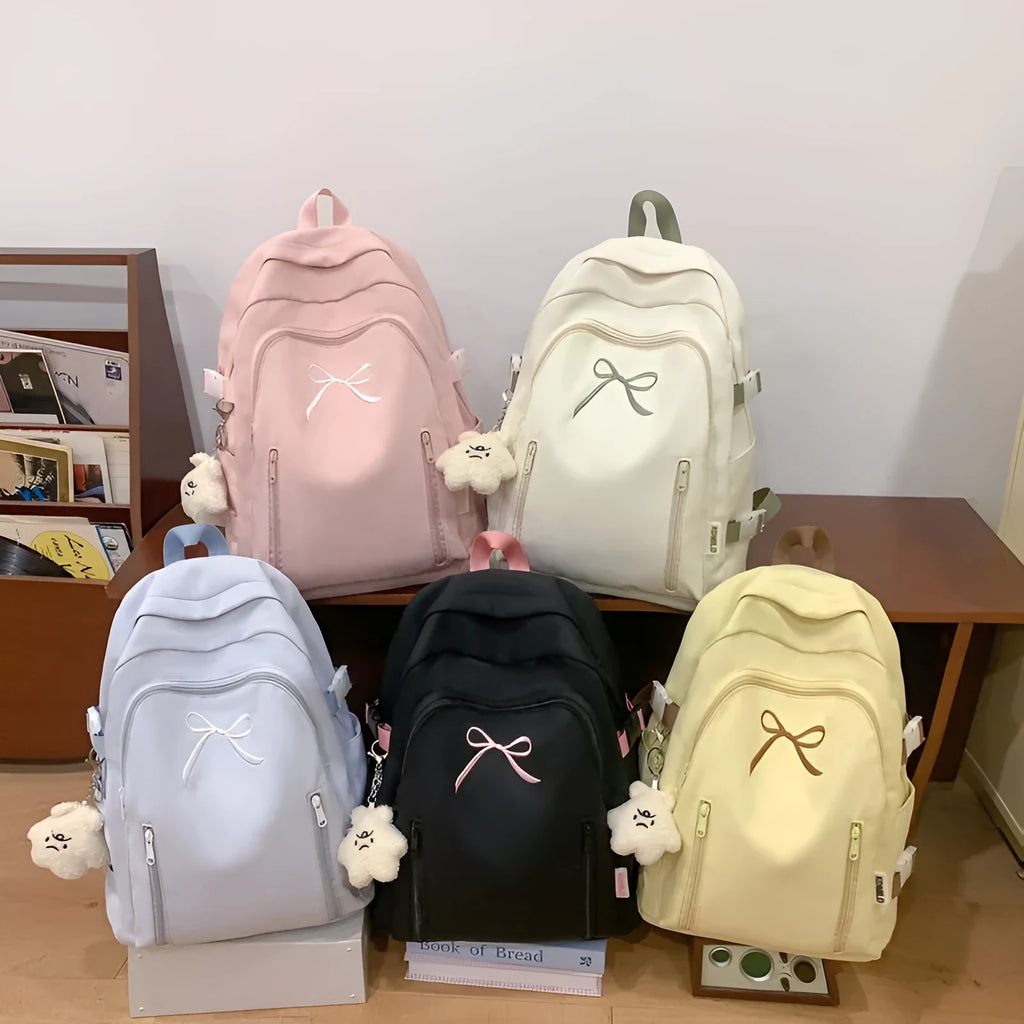 Nylon bow backpack large capacity 36-55L solid colour college style ultra light for women black blue pink white yellow