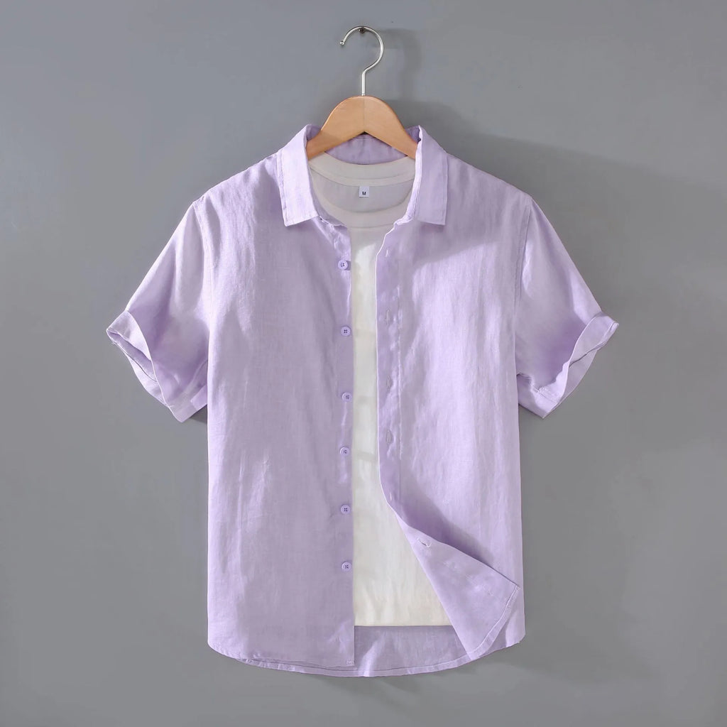 Men's casual short-sleeved linen shirt in cardigan style with regular fit