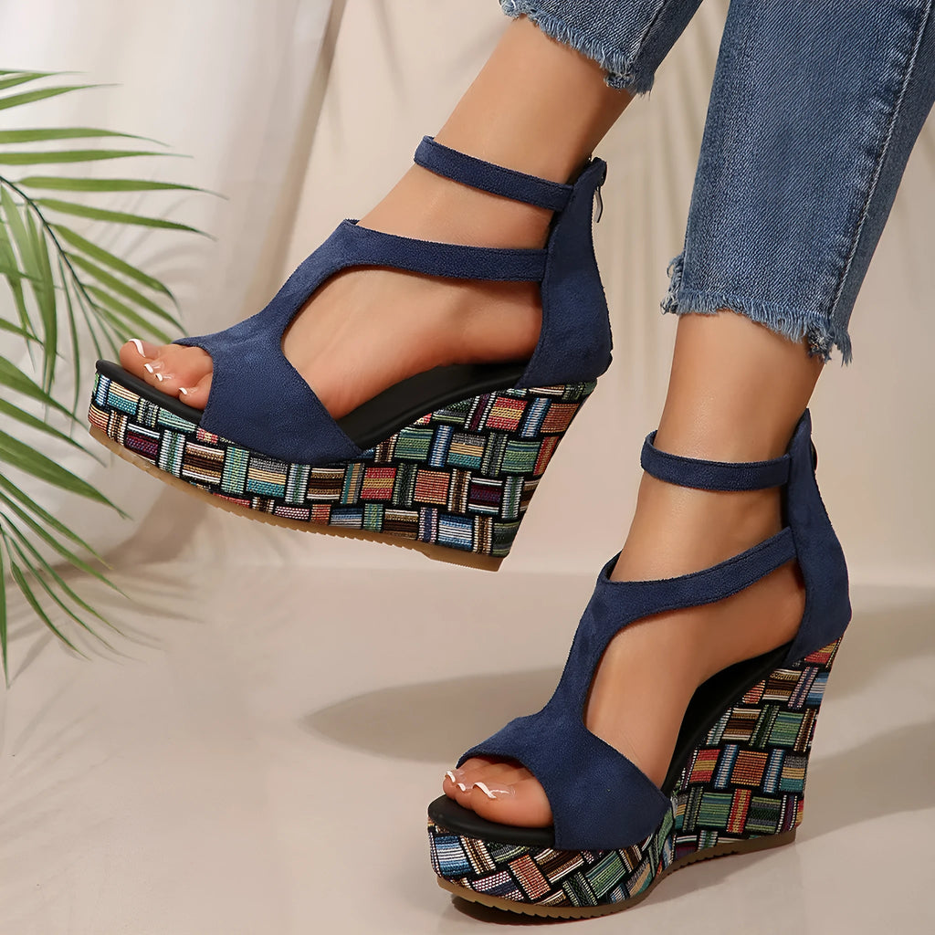 Women's thick-soled ankle-strap buckle sandals with cloth upper and hemp/rubber sole