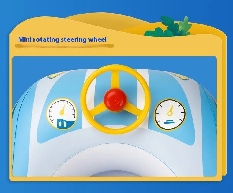 Pink inflatable children's swimming ring with a steering wheel and cartoon sports car boats pattern.