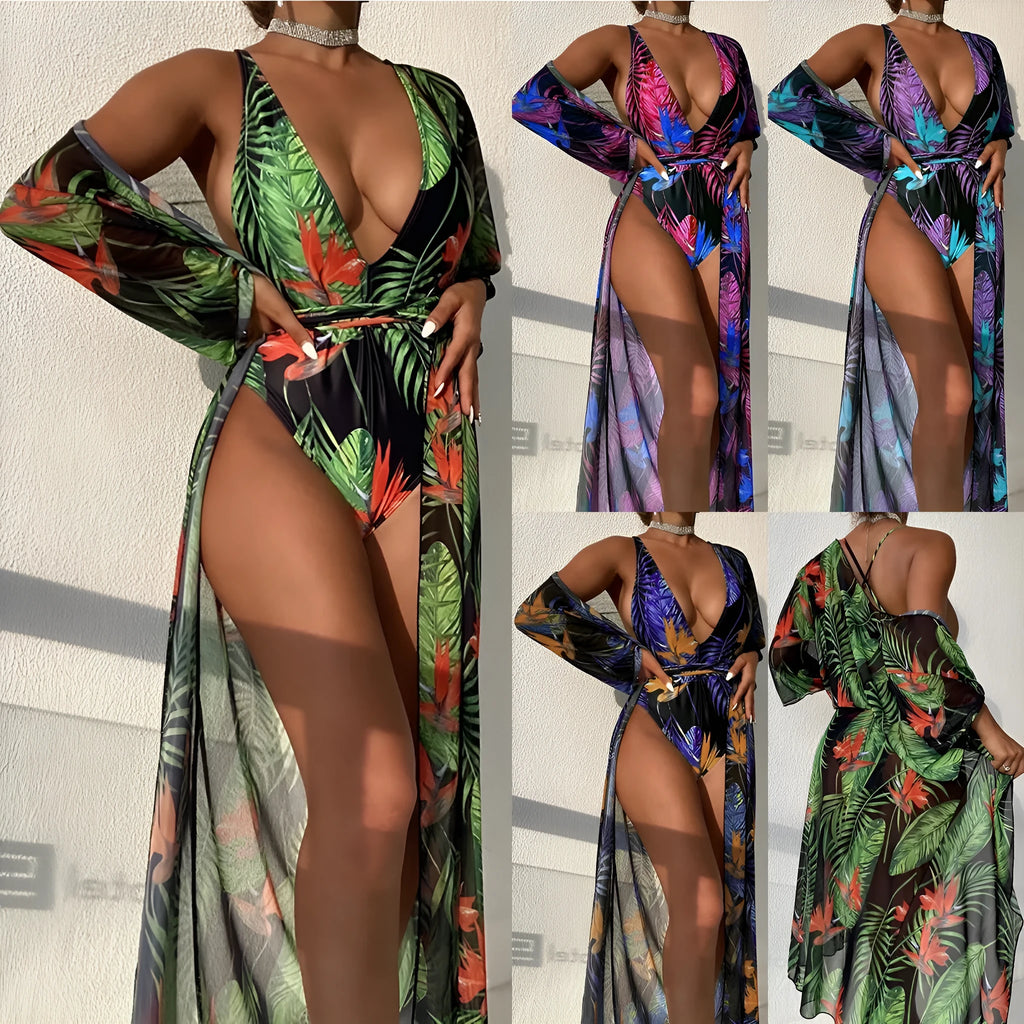 Women's three-piece patterned swimsuit set with cover-up coat for swimming sports