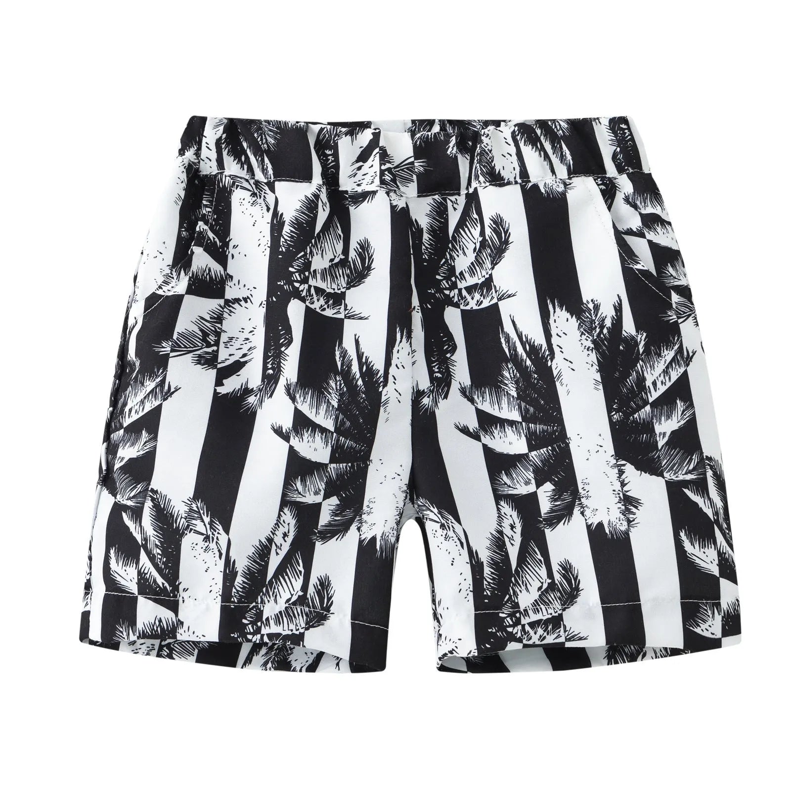Printed beach shorts with elastic waistband in multiple colour patterns including coconut trees and pineapple design