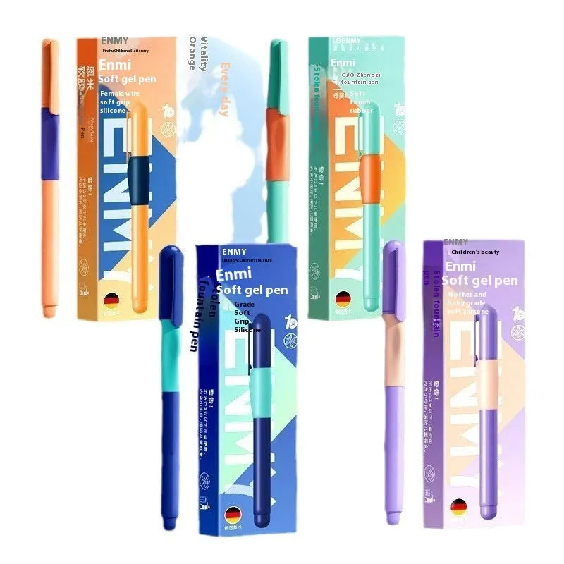 Boxed posture correction pen with triangular grip in four colour options on a white background.