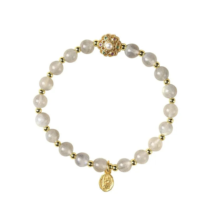 Hand-woven crystal bracelet with gray moonstone, sunstone and strawberry quartz 6mm beads