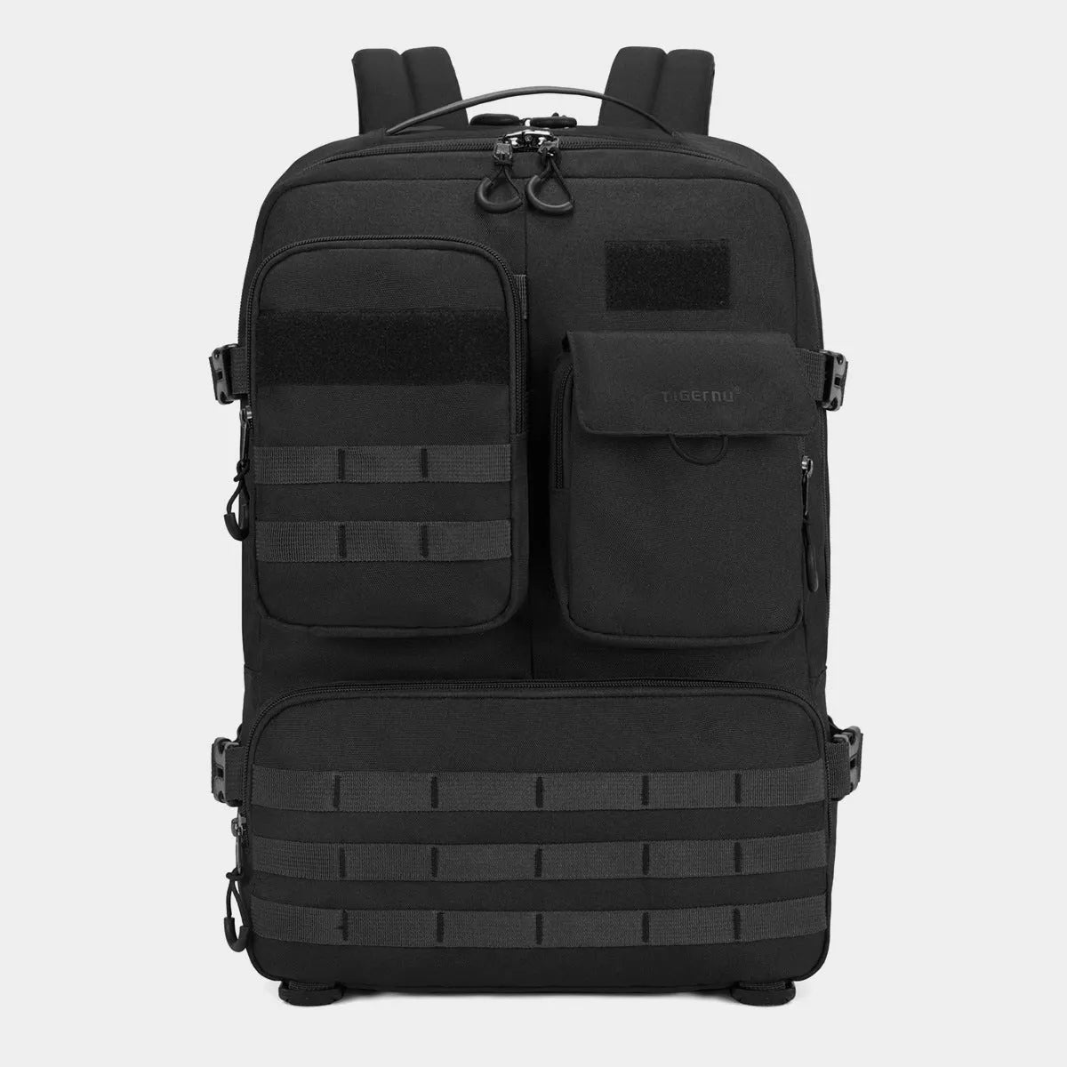 Army green waterproof tactical backpack with 17-inch frame and 20-35 litre capacity.