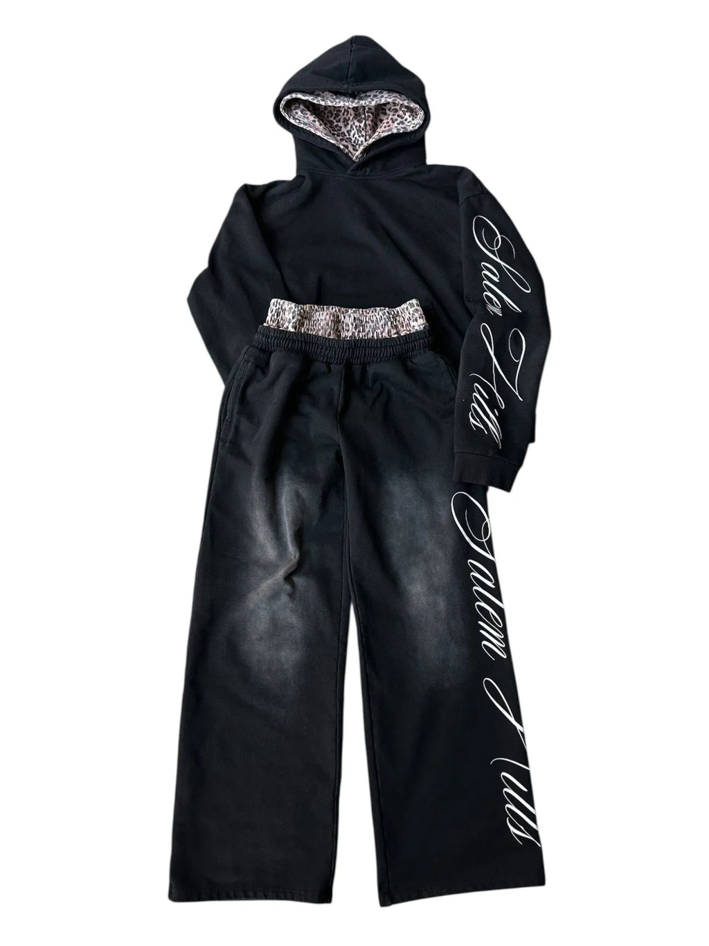 Men's black punk print hoodie tracksuit set with long sleeves and fleece lining