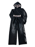Men's black punk print hoodie tracksuit set with long sleeves and fleece lining