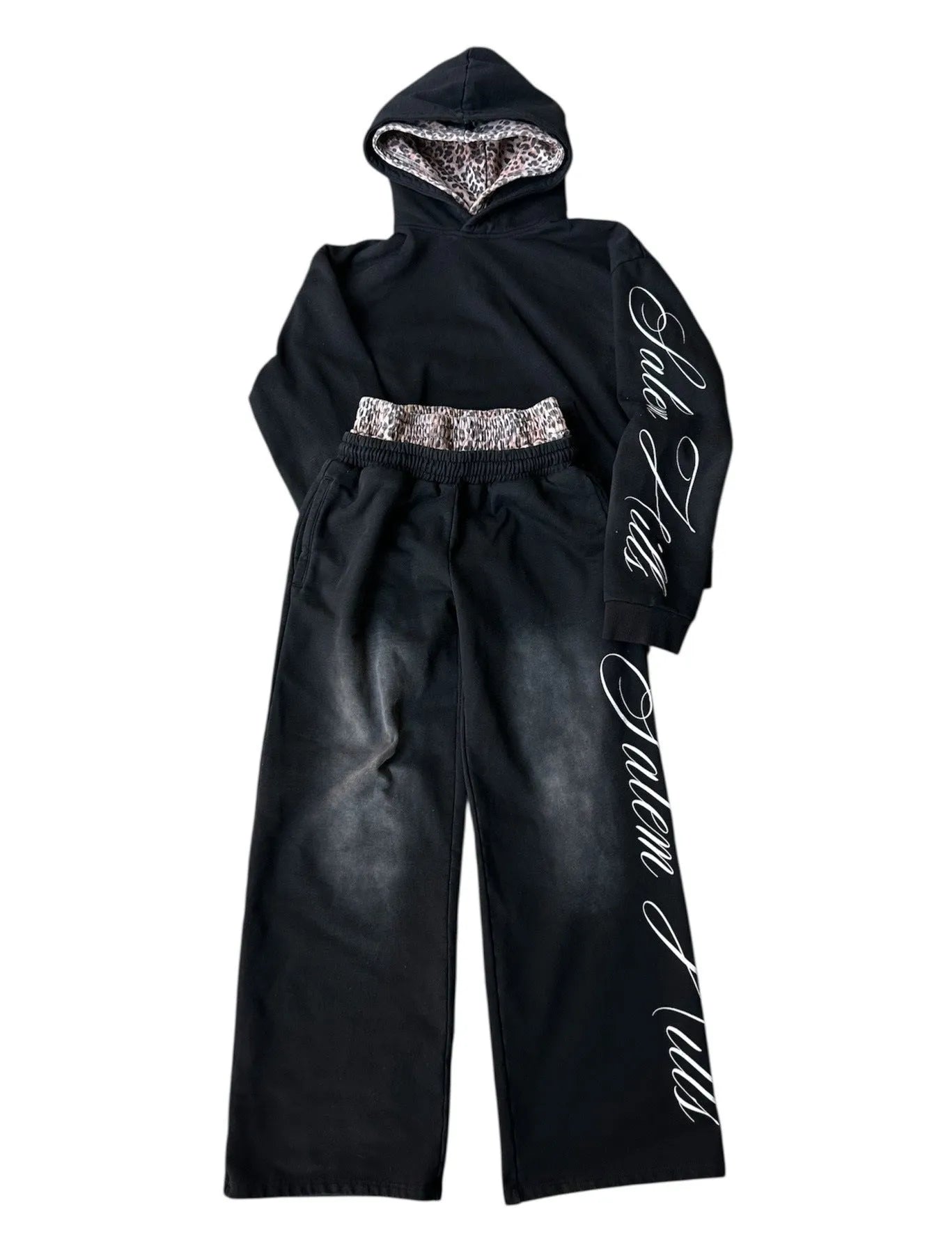 Men's black punk print hoodie tracksuit set with long sleeves and fleece lining