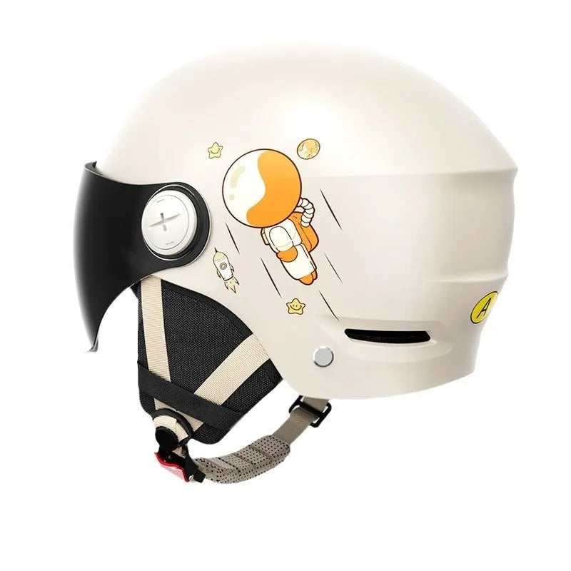 Khaki coloured open-face motorcycle half helmet with a mirrored sun protection lens on a handlebar.