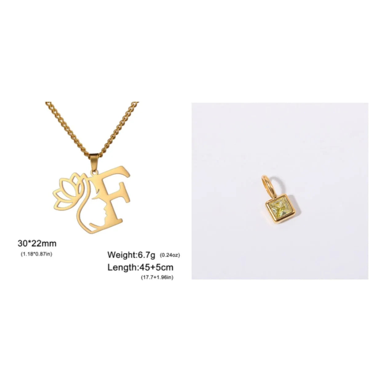 Gold electroplated stainless steel necklace with a cross chain and a letter 'A' pendant on a white background.