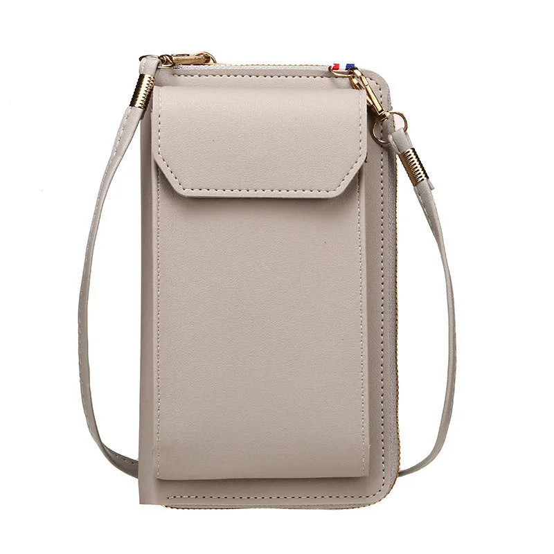 Mini crossbody phone bag for women in black PU leather with sewing thread detail