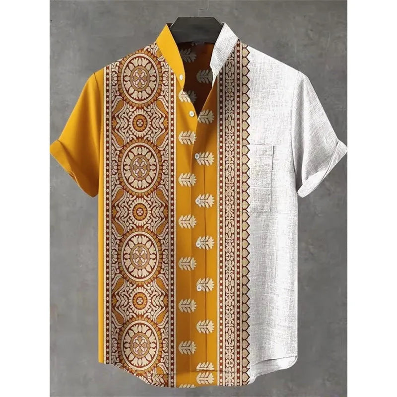 New men's linen summer shirt long sleeve slim fit non-iron American retro casual top in blue fabric