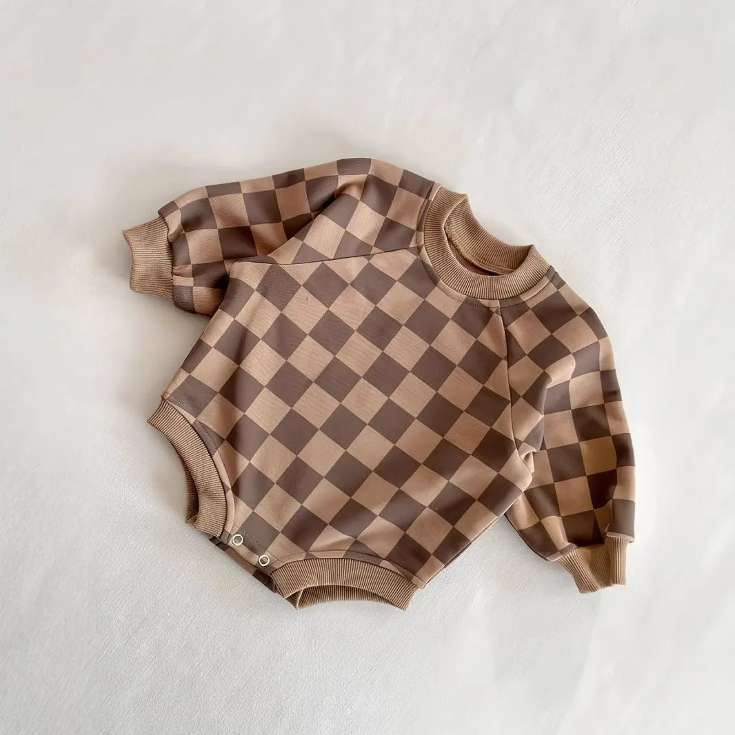 Baby cotton chessboard plaid pullover jumpsuit in brown plaid, long sleeves, neutral style