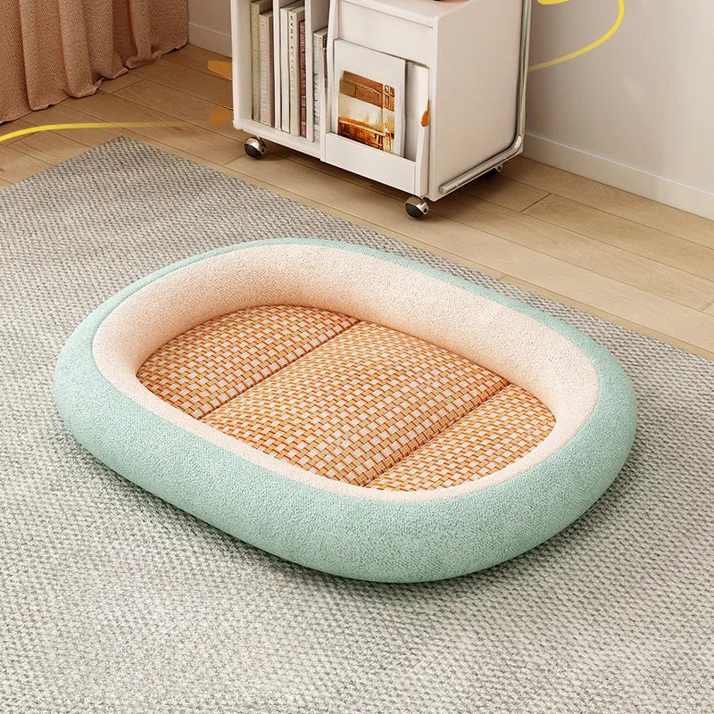 Removable washable pet nest dog bed in light grey, showing detached cotton pad next to outer cushion.