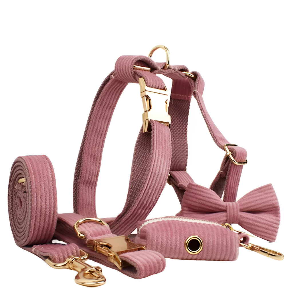 Corduroy dog collar and leash five-piece set with vest, bow, and poop bag in red.