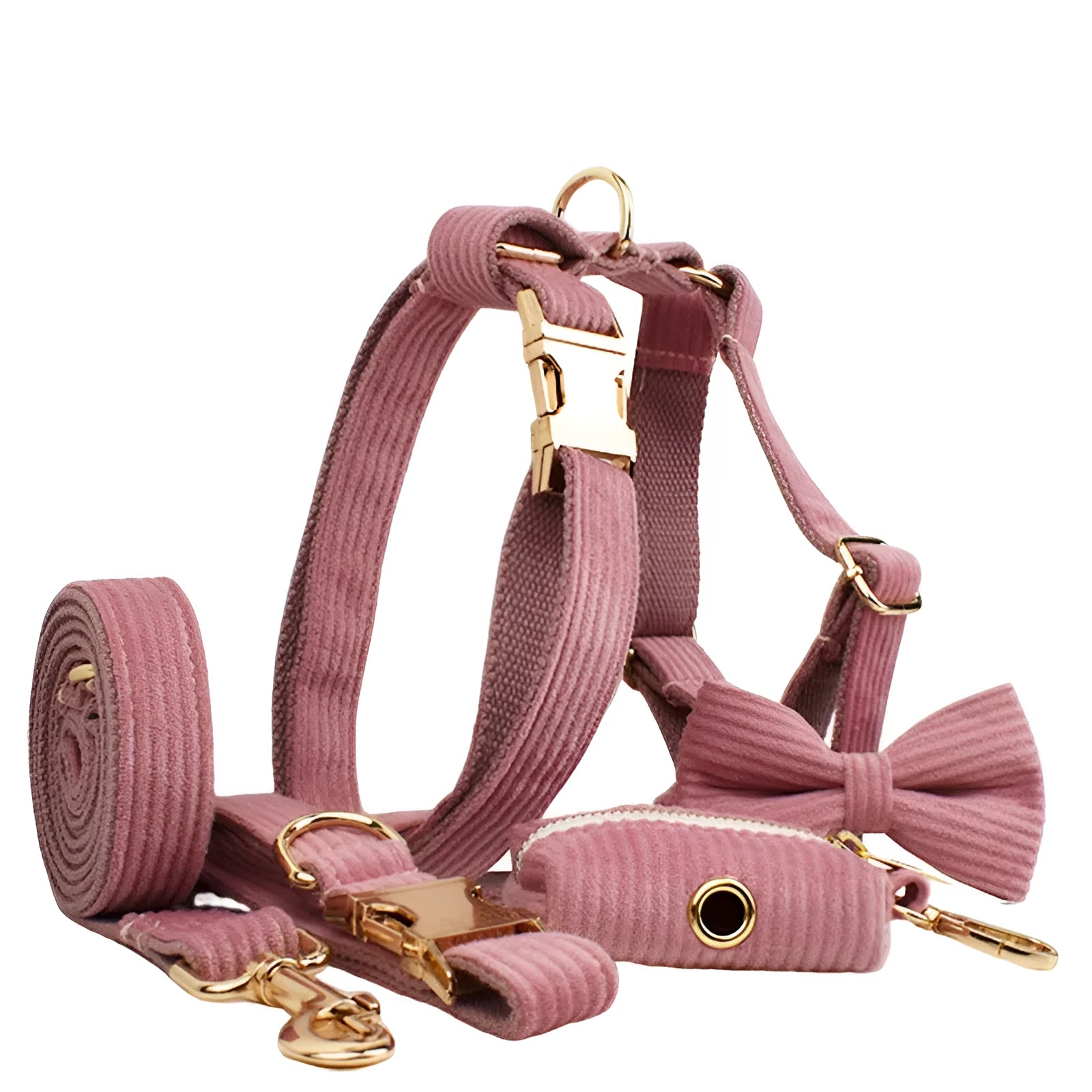 Corduroy dog collar and leash five-piece set with vest, bow, and poop bag in red.