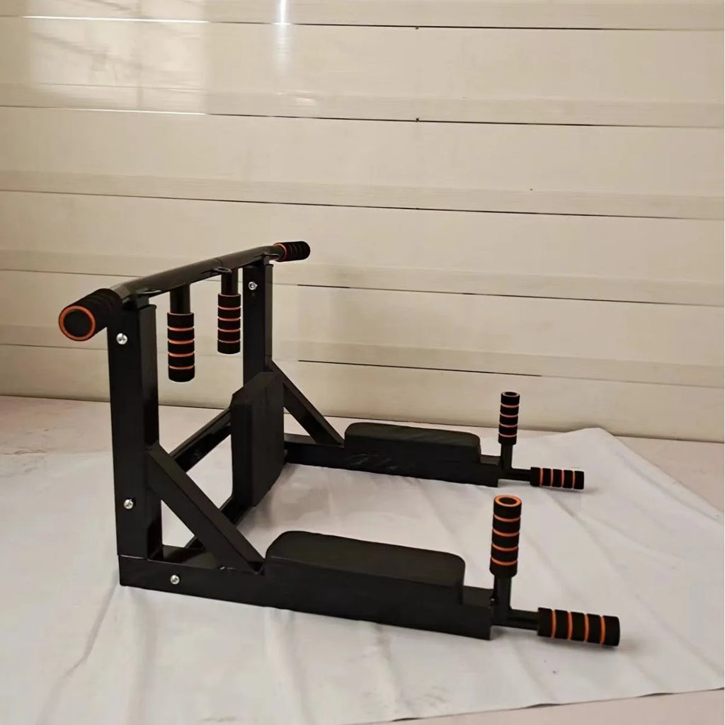 Black steel single parallel bars pull-up bar and sandbag rack mounted on a wall.