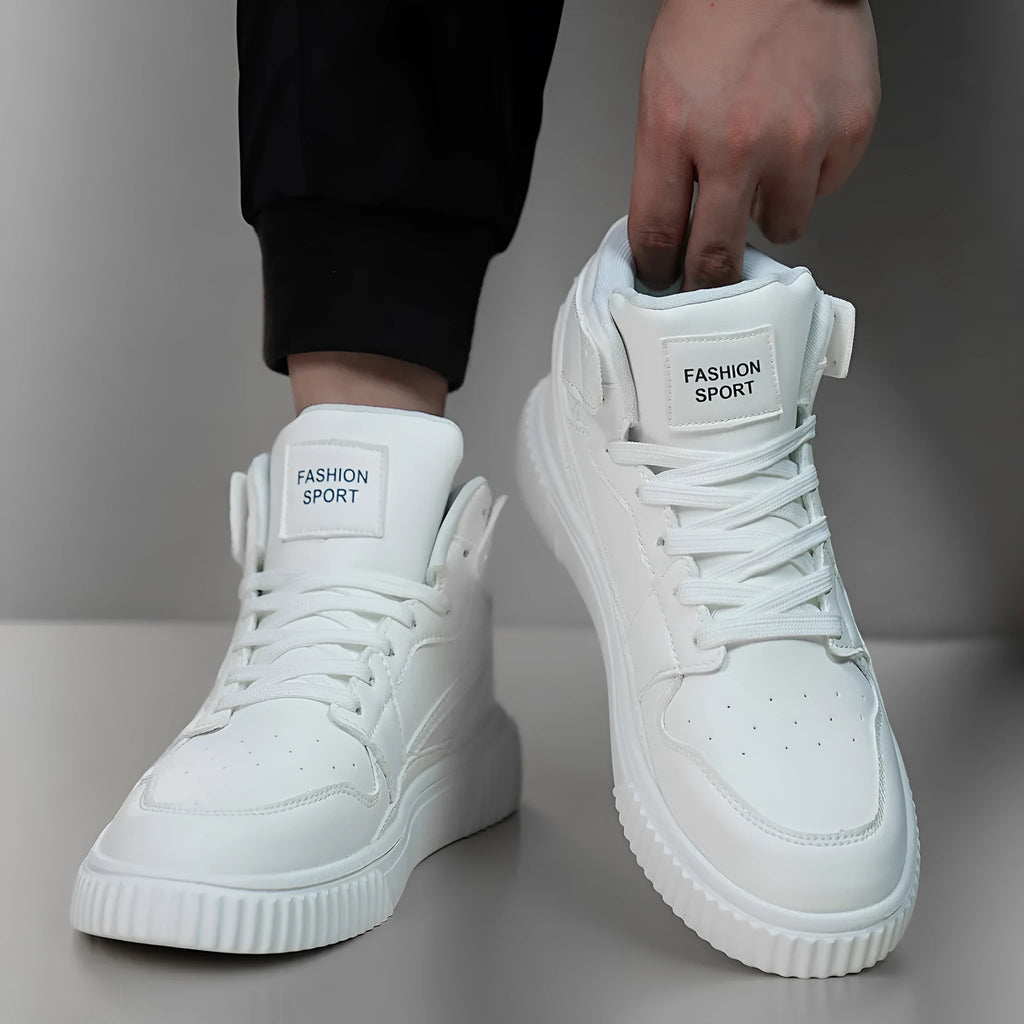 Solid white men's casual round-toe shoes made from microfiber, shown on a plain background.