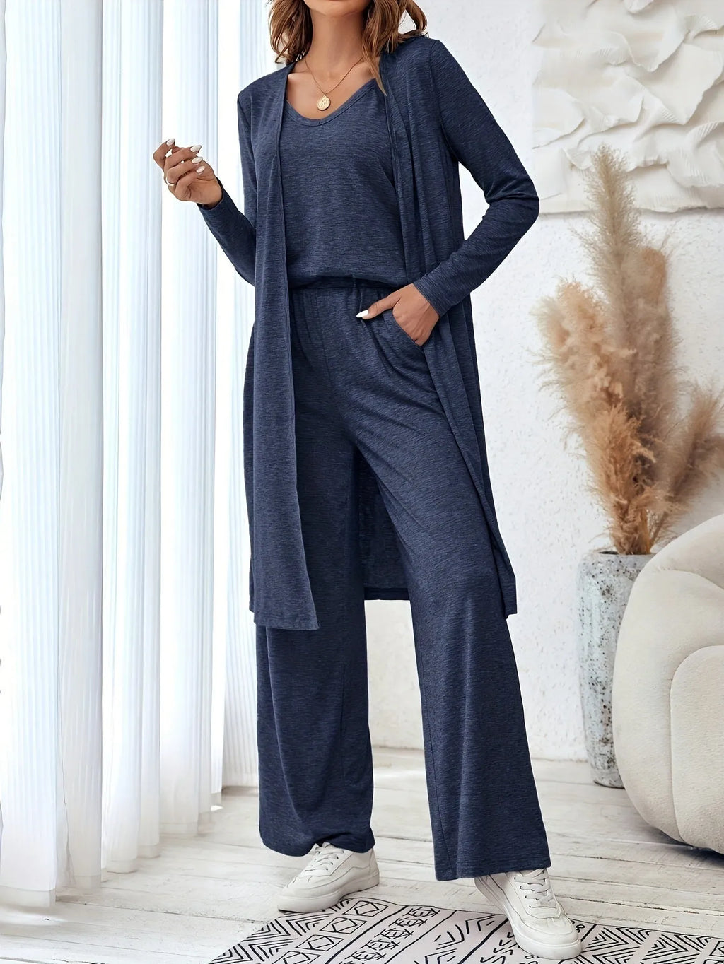 Women's blue polyester trouser suit set with sling top, cardigan, and trousers in Japanese Korean style