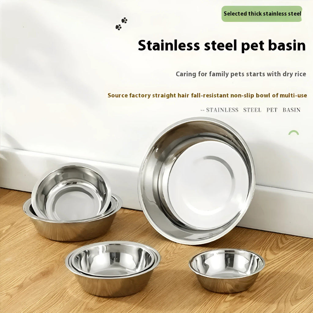 Stainless steel pet food bowl for dogs and cats with non-slip base in various sizes.