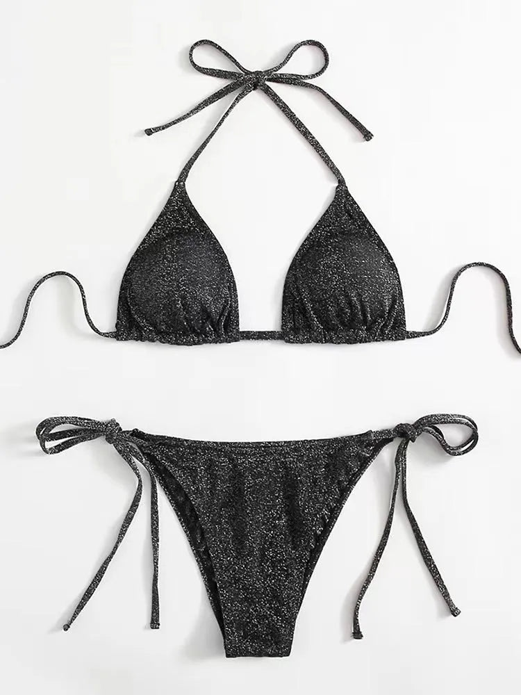 Women's split bandage design bikini swimsuit in polyester fabric with matching top and pants