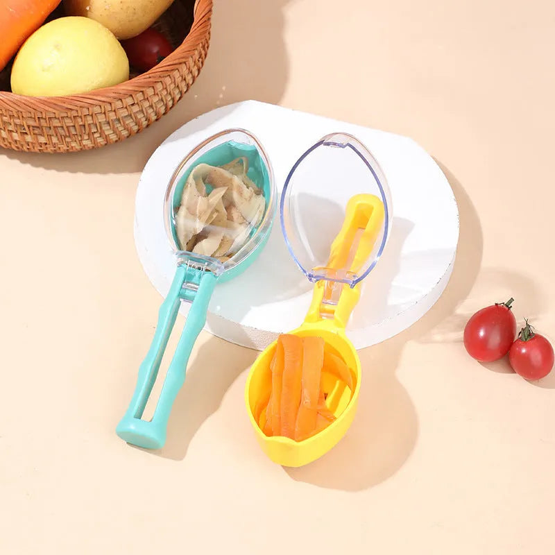Yellow peeling knife with a storage lid on a kitchen counter