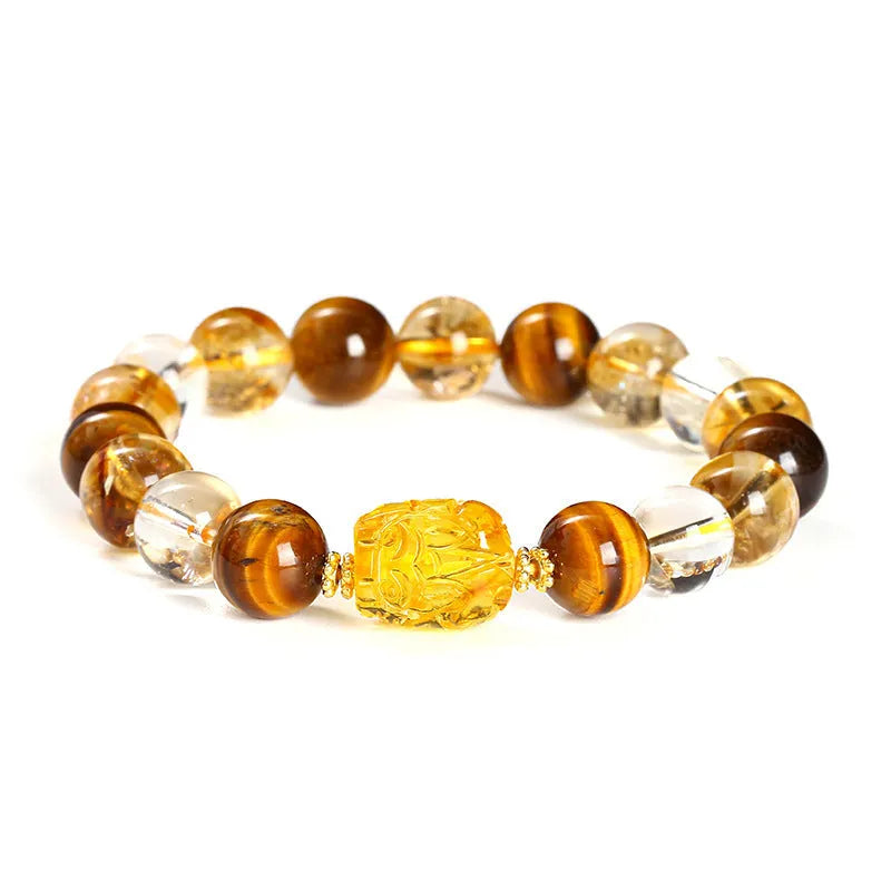 5A natural yellow tiger's eye and citrine pi xiu bracelet with 10mm geometric beads