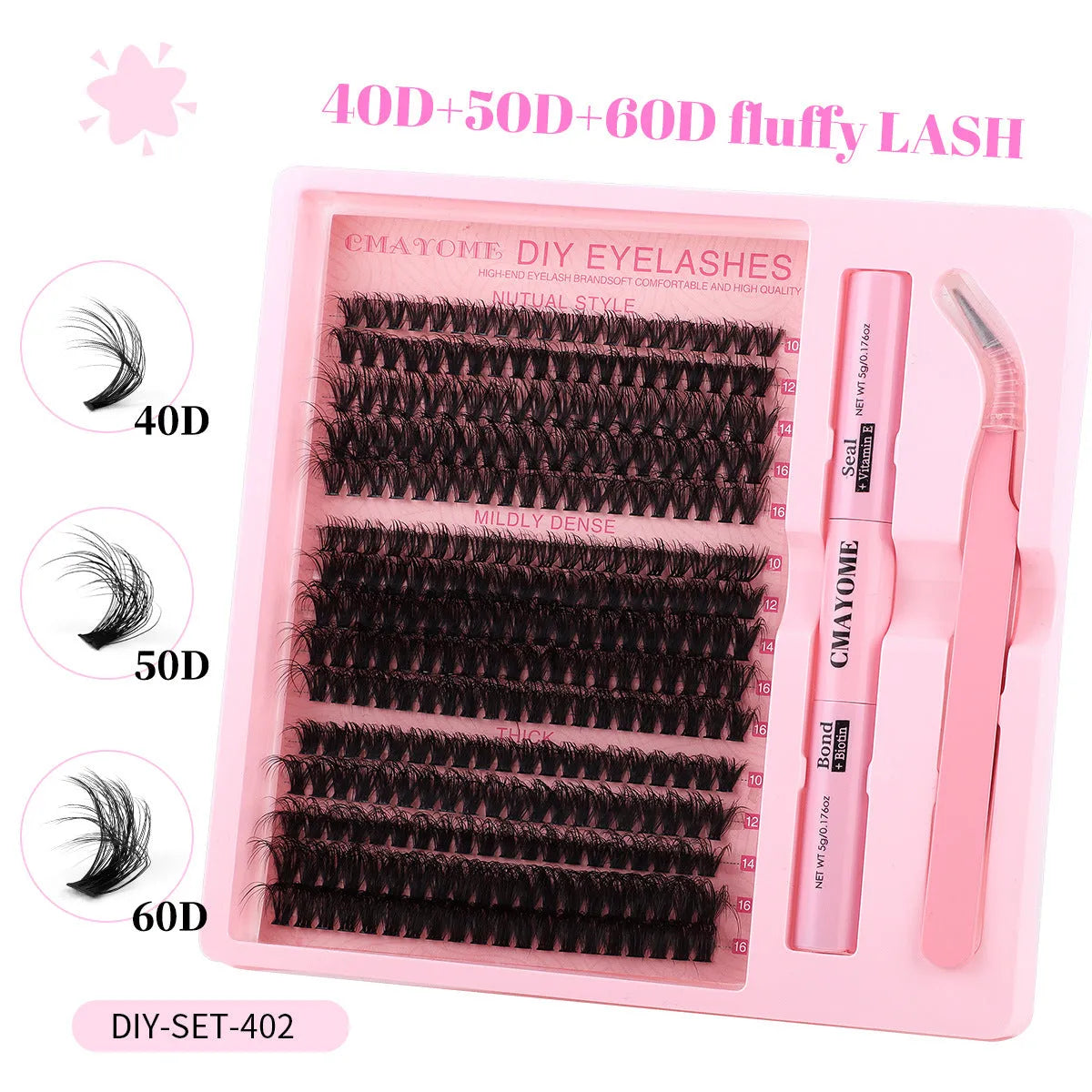 DIY false eyelashes extension kit showing cluster lashes and metal tweezers on a clean surface.