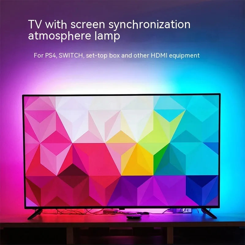 App-controlled TV ambience LED light strip mounted behind a television