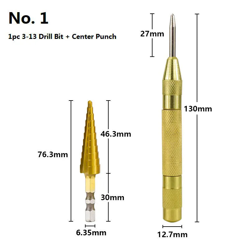 High speed steel cone step drill bit and centre punch set in six colour options for metalworking